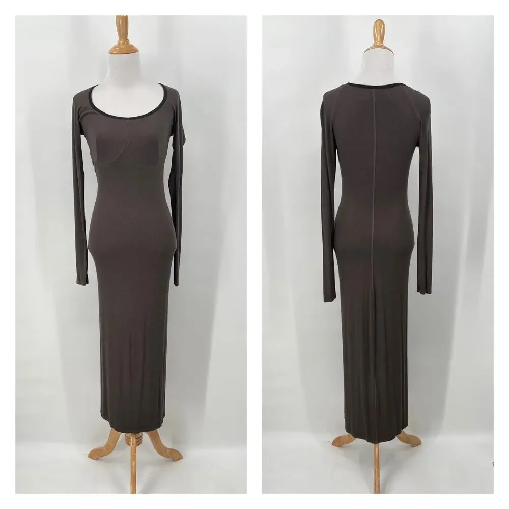 ENZA COSTA Silk Rib Long Sleeve Scoop Dress Women Medium Gray Black Maxi Stretch - Picture 1 of 14